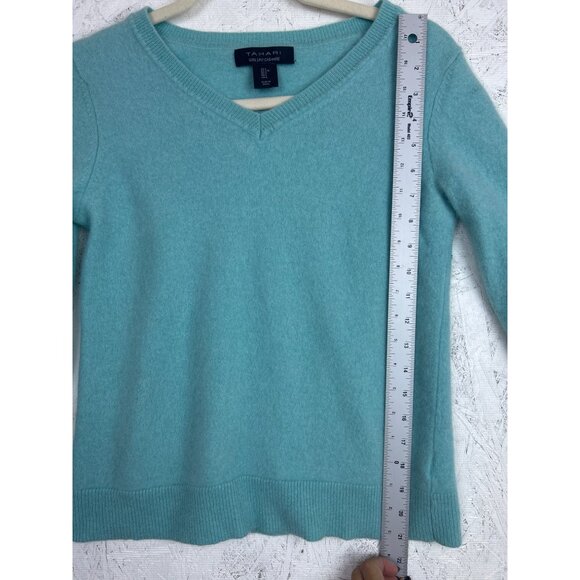 Tahari Two Ply Cashmere Aqua Blue Fitted V-Neck Sweater Ribbed Hem & Cuffs - Picture 8 of 9